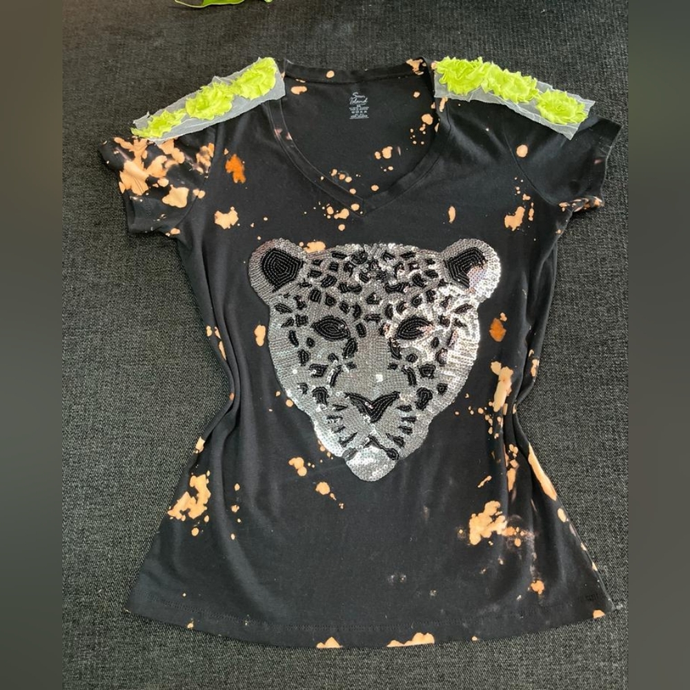 Tie Dye Silver Sequin Tiger Patch Tee Shirt